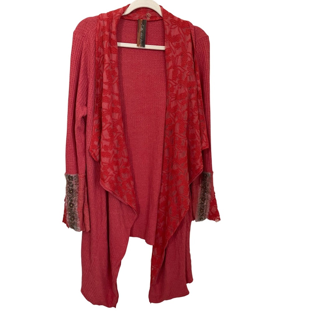 Aratta Silent Journey Size L Coral Waffle Knit Waterfall Cardigan Beaded Cuff